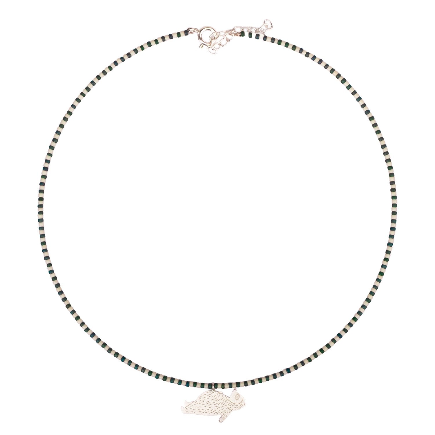 Choker - Sleeping Bear Charm and Beads - Sterling Silver