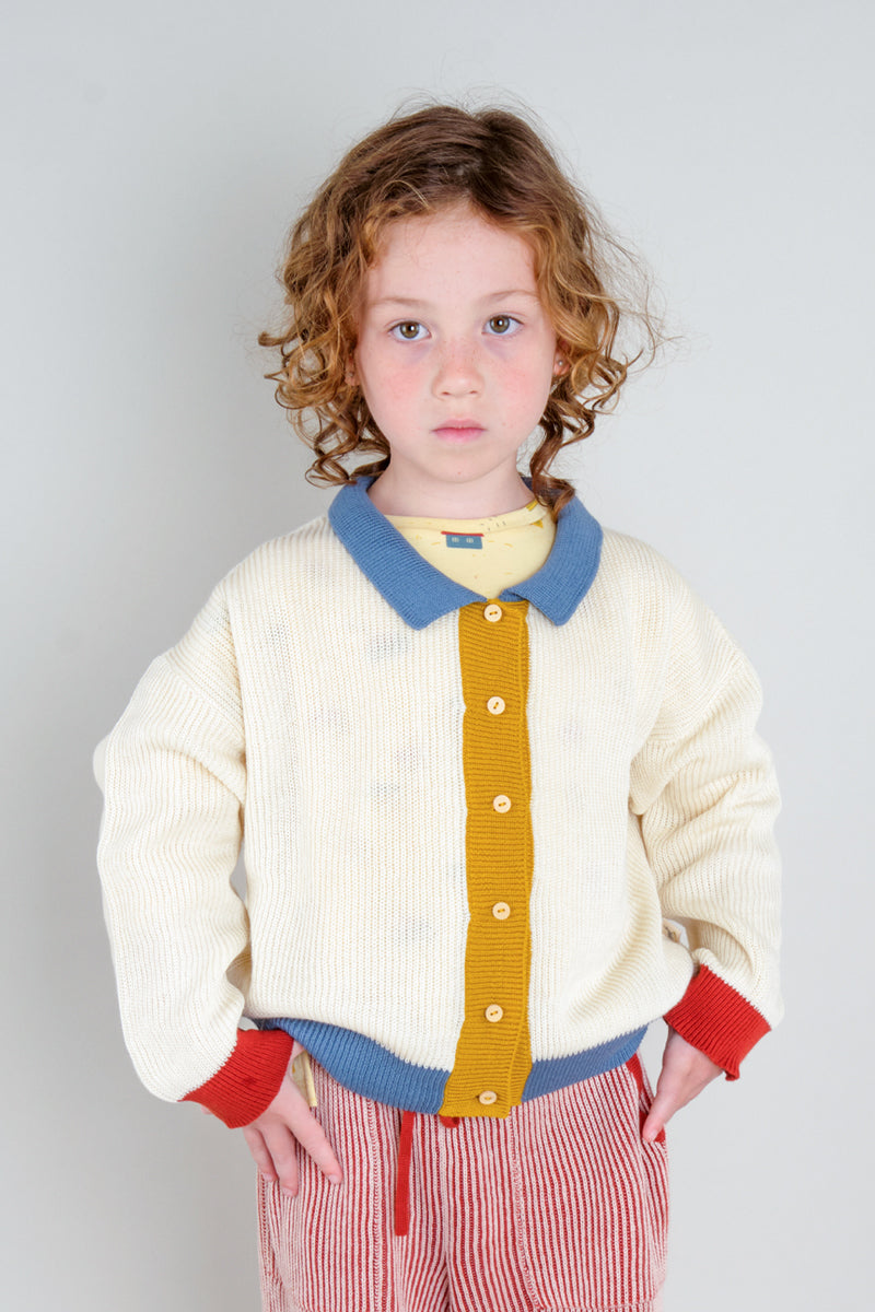 Knit Collared Cardigan - Color Block Ivory