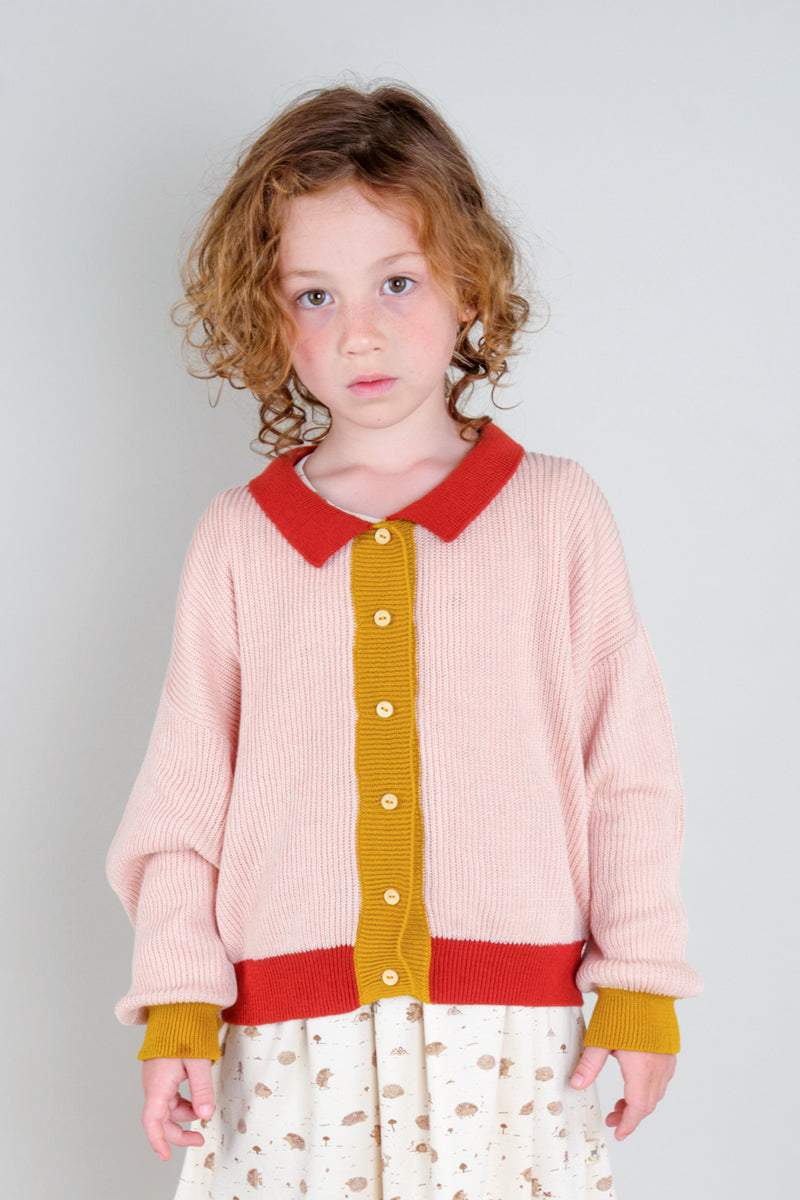 Knit Collared Cardigan - Color Block Light Pink