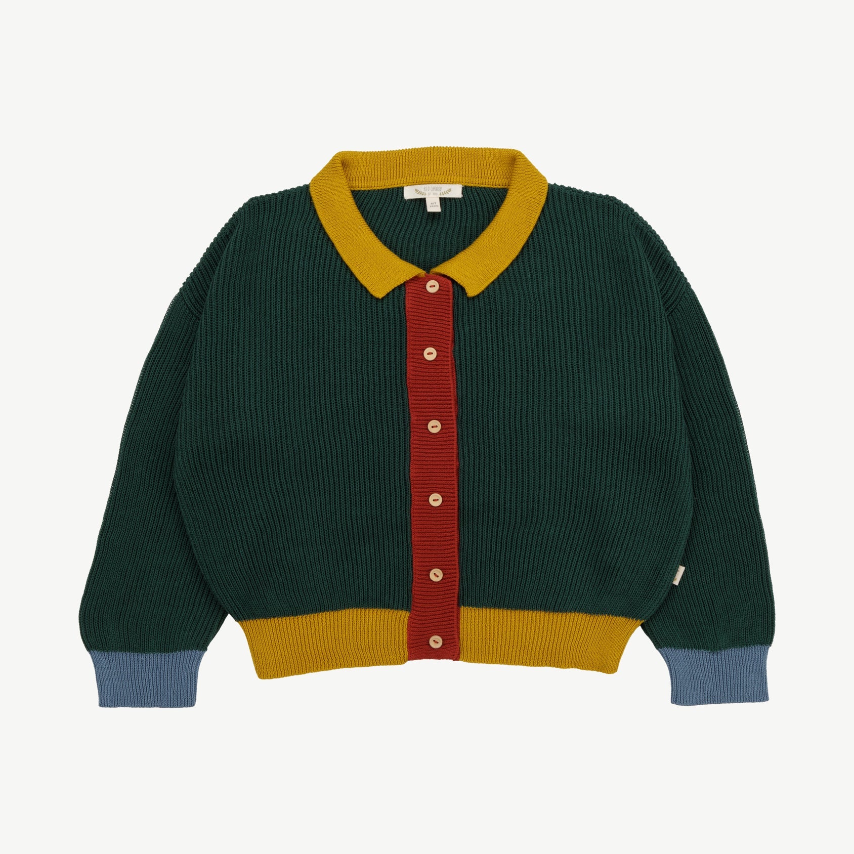 Knit Collared Cardigan - Color Block Dark Green