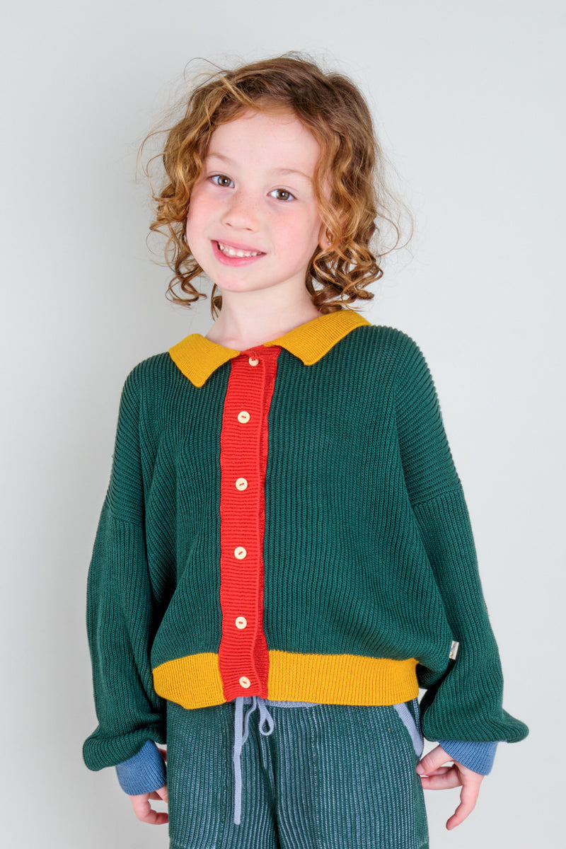 Knit Collared Cardigan - Color Block Dark Green