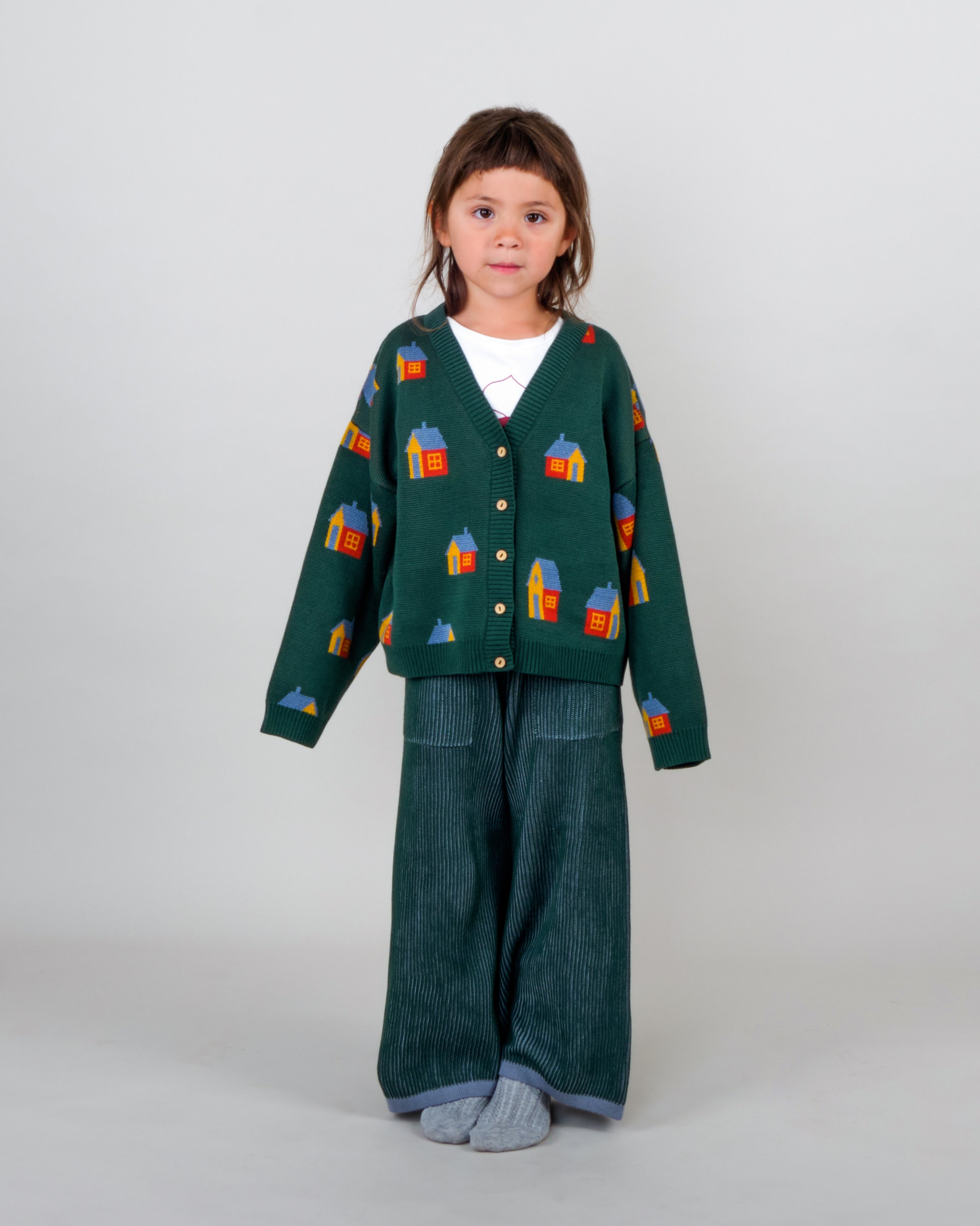 Knit Cardigan - Tiny Houses Dark Green