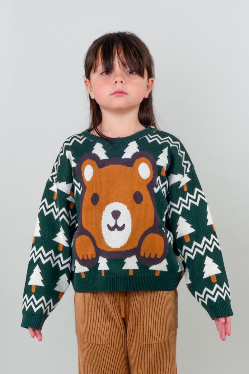 Knit Sweater - Cozy Bears Dark Green