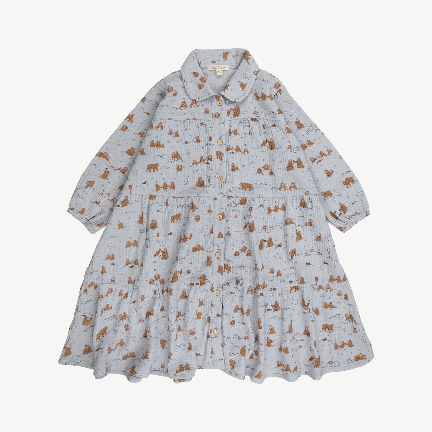 'monkey snow day' light gray muslin dress