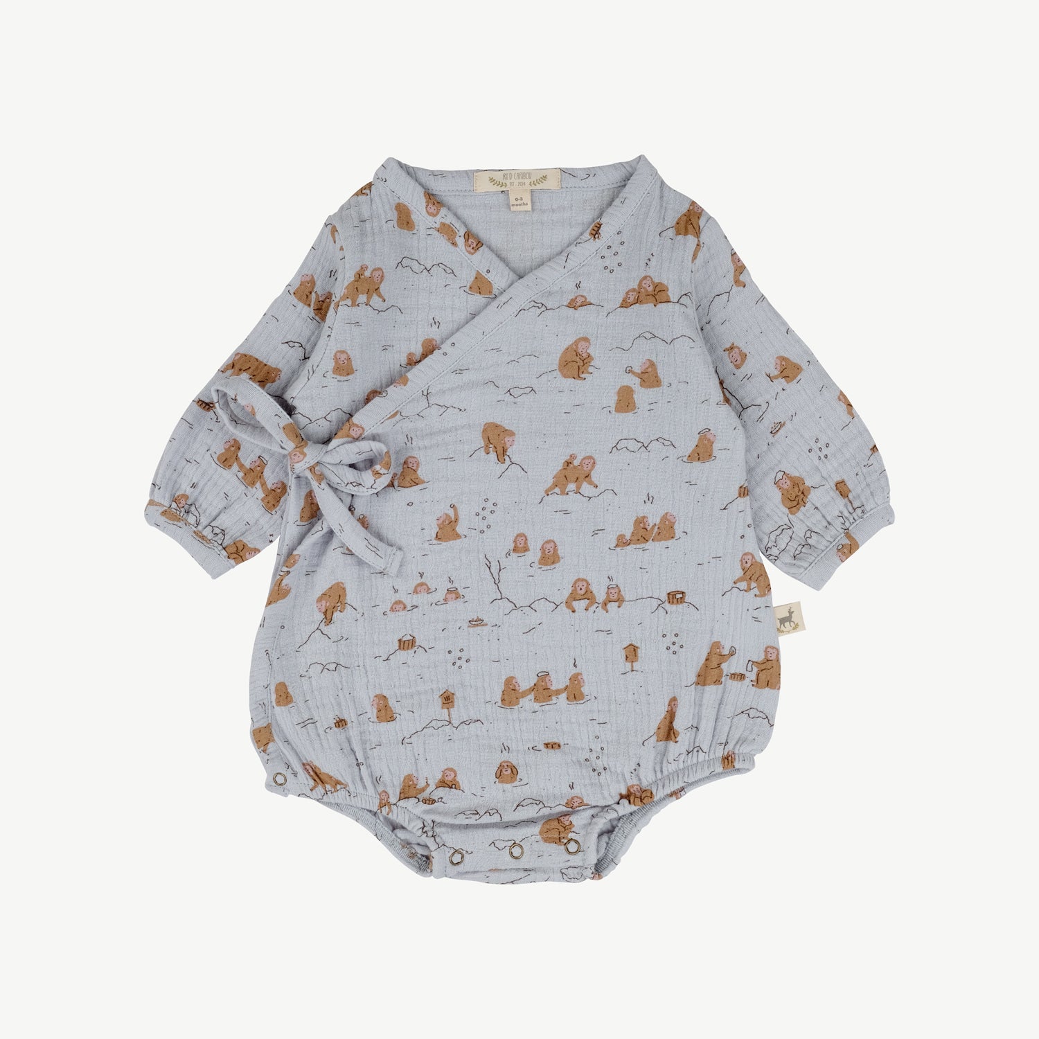 'monkey snow day' light gray muslin onesie