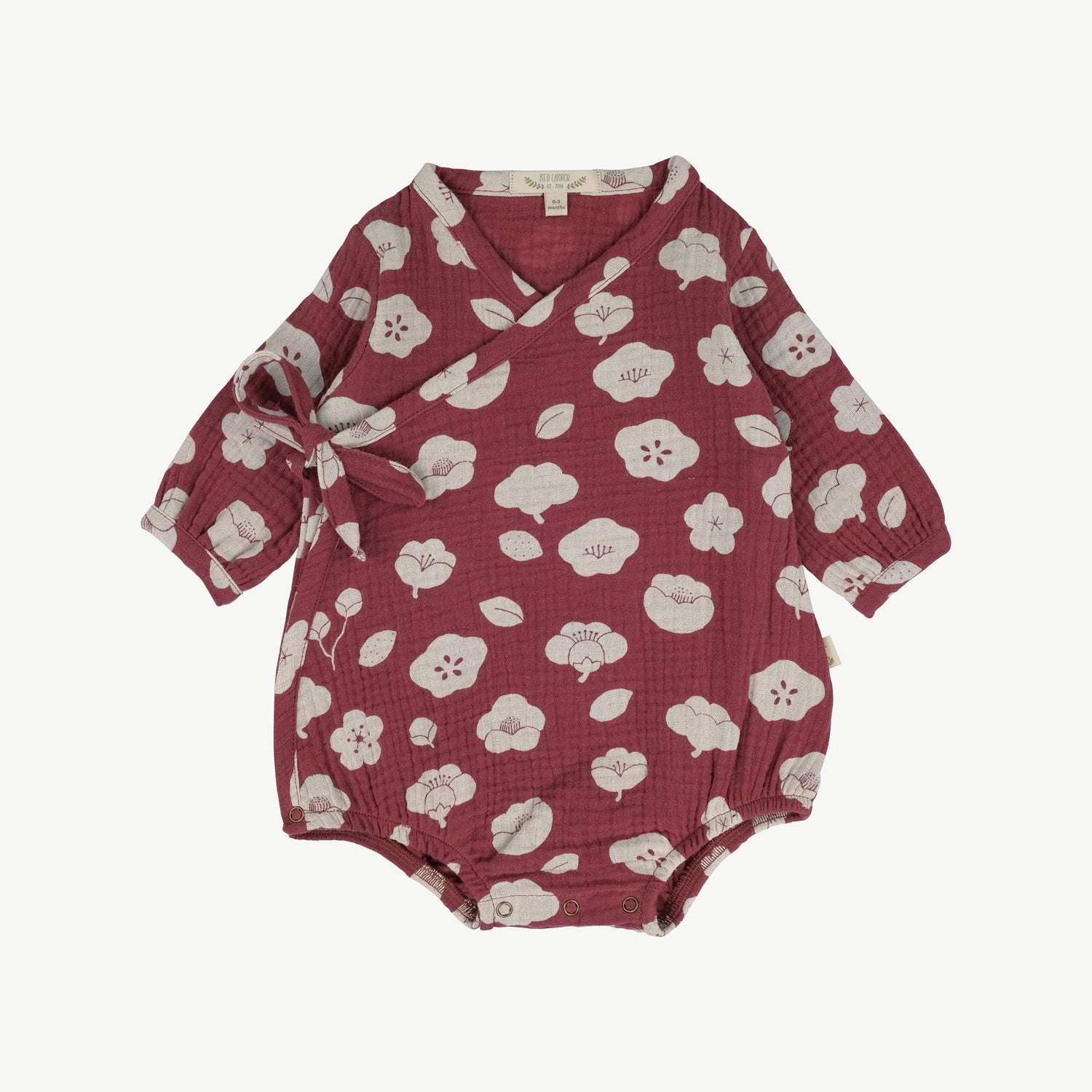 'plums in bloom' dark red muslin onesie