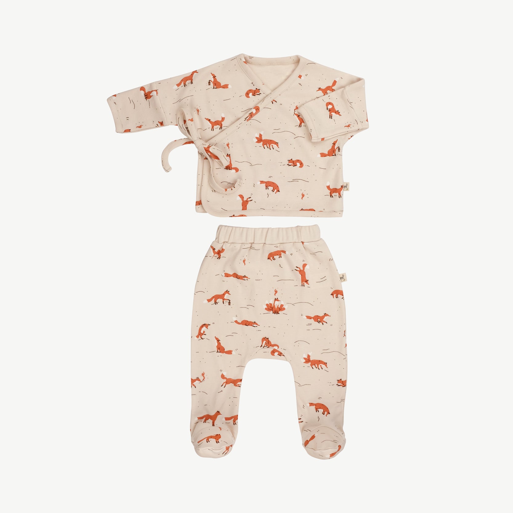 'mountain kitsune (foxes)' sandshell kimono top + footed pants set