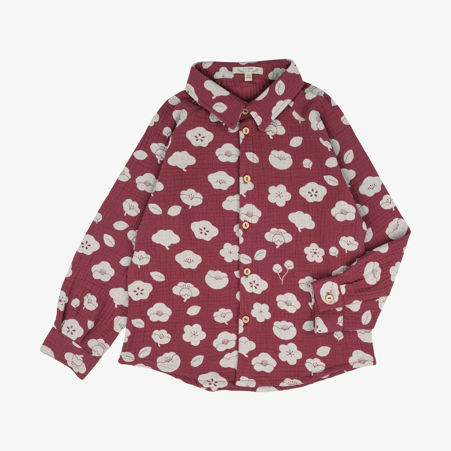 'plums in bloom' dark red shirt