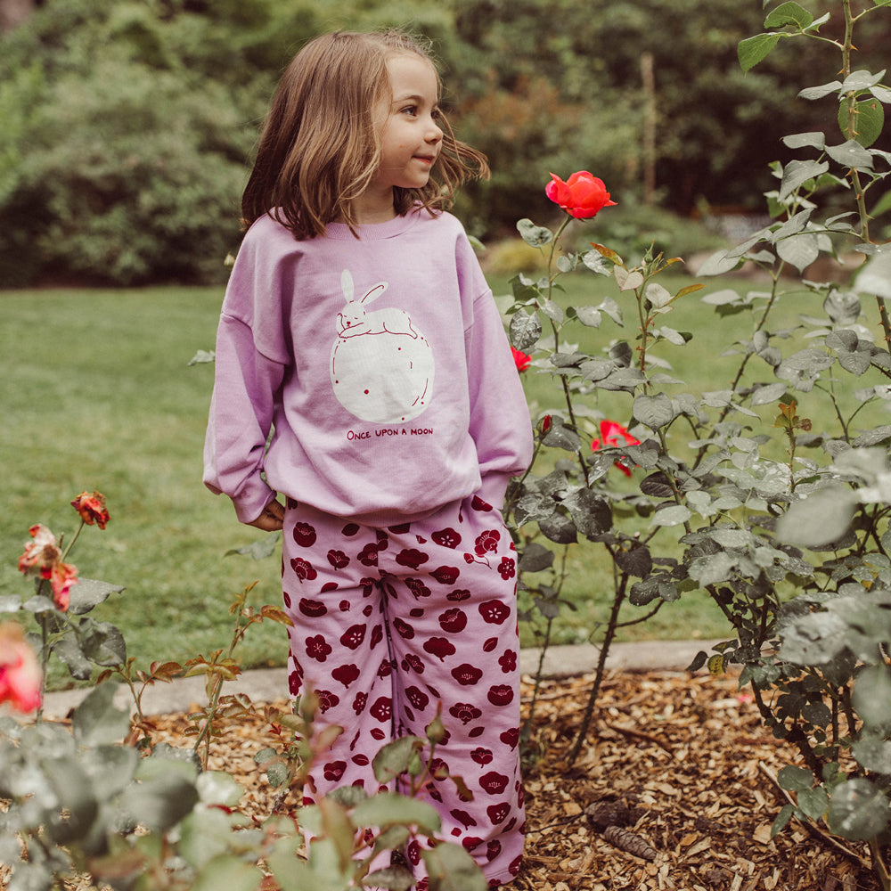 'plums in bloom' lupine french terry pants