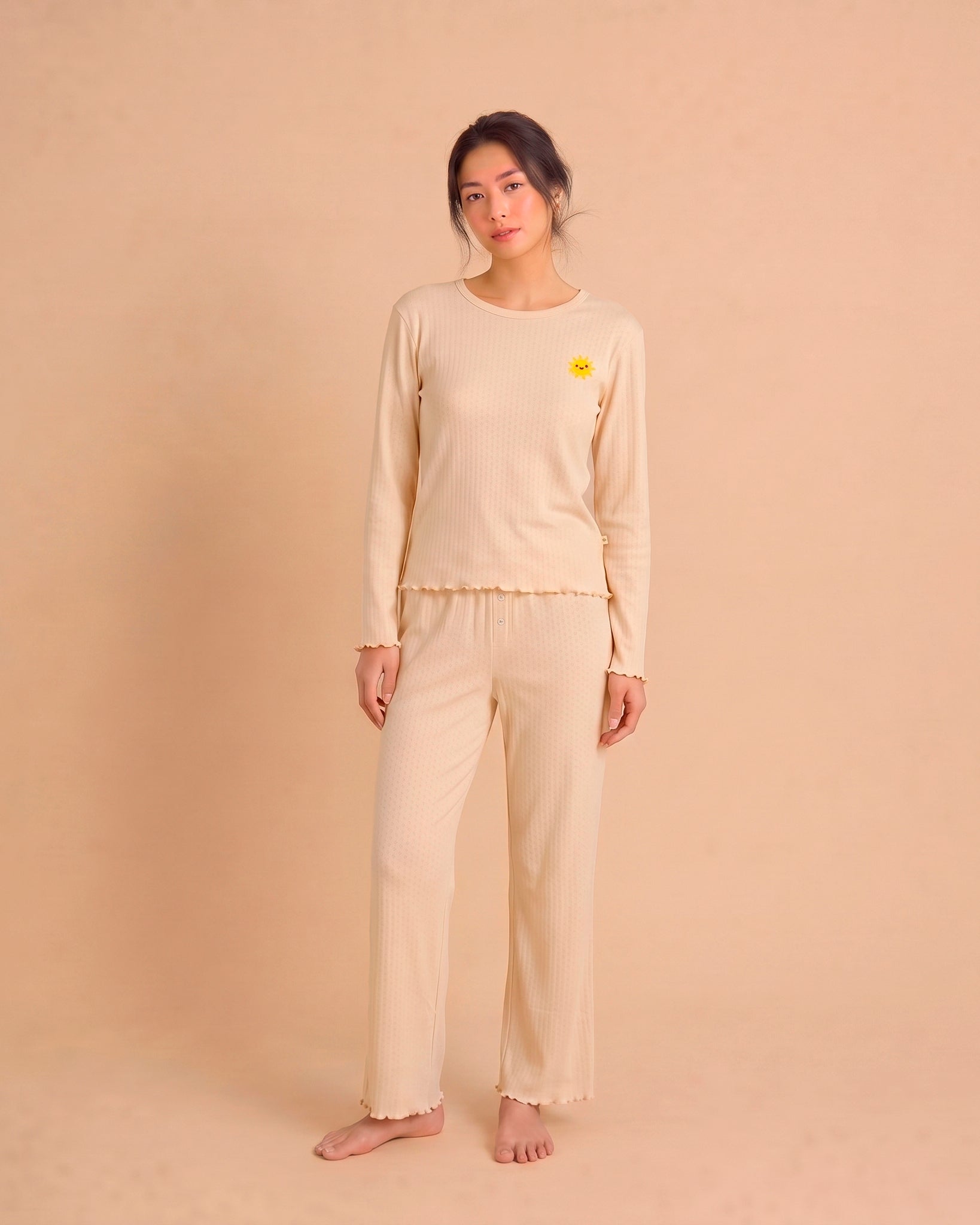 Long Sleeve Pointelle Pajama Set - Sun - Pink Tint