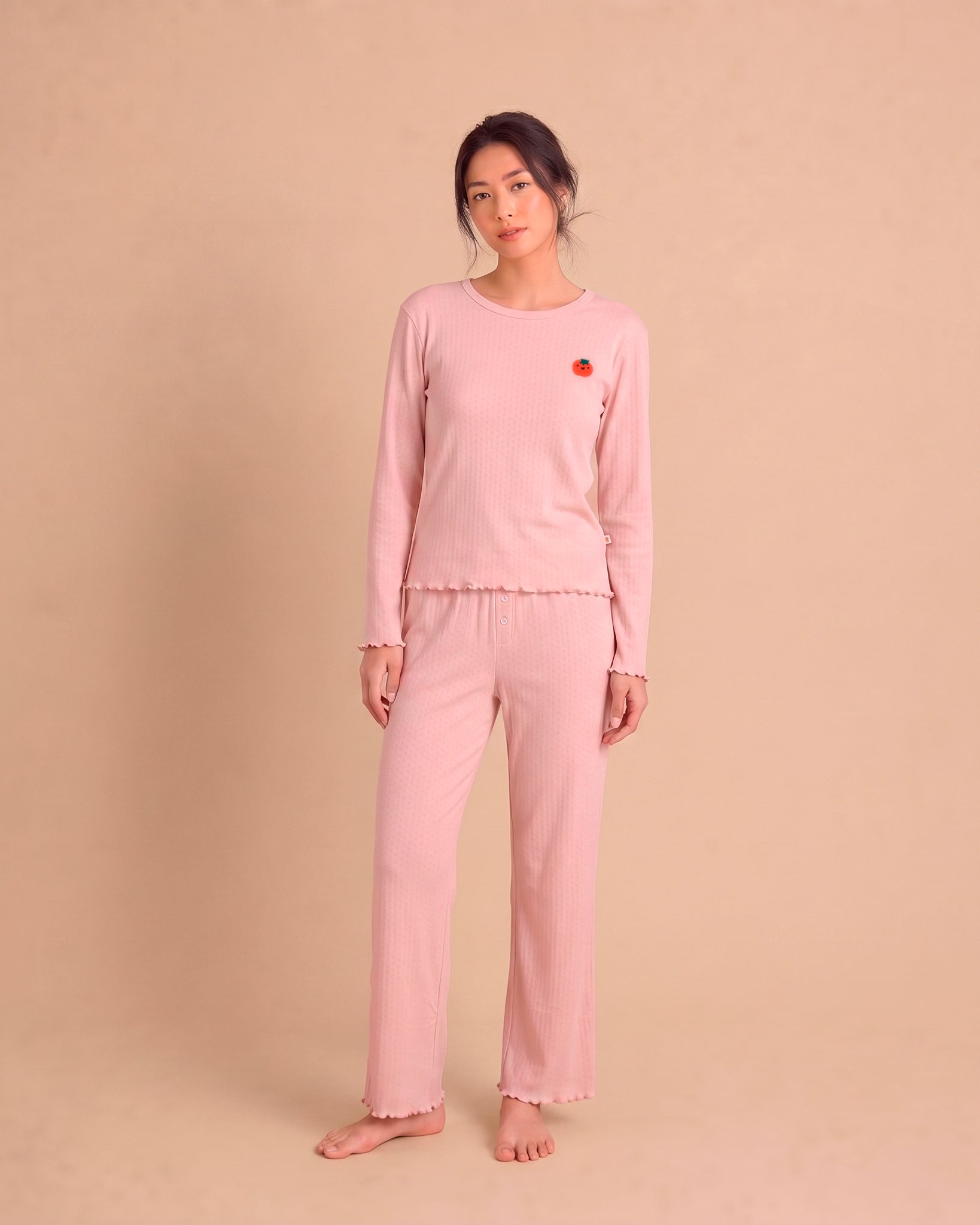 Long Sleeve Pointelle Pajama Set - Tomato - Lotus