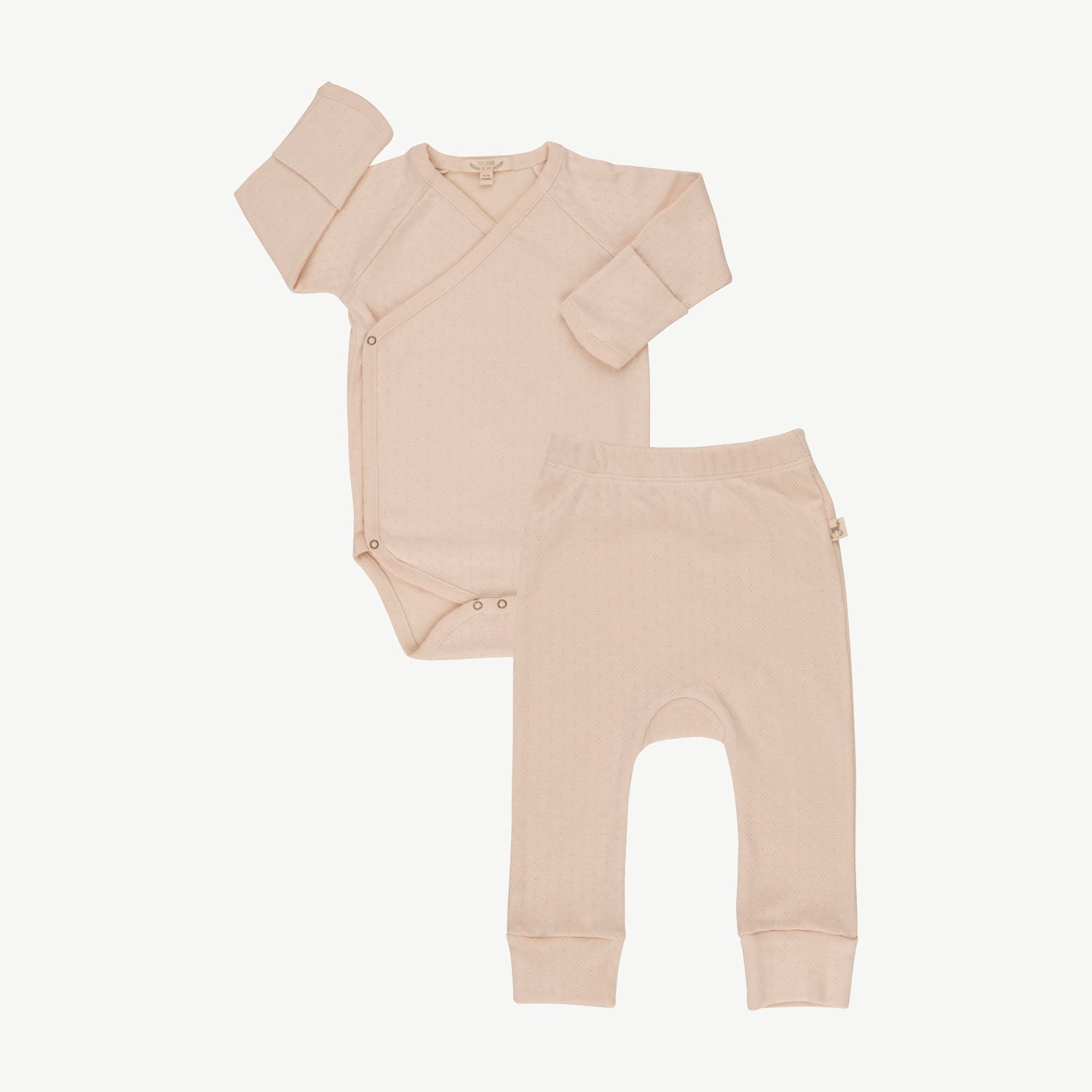 Beige baby Kimono onesie and pants set on a white background