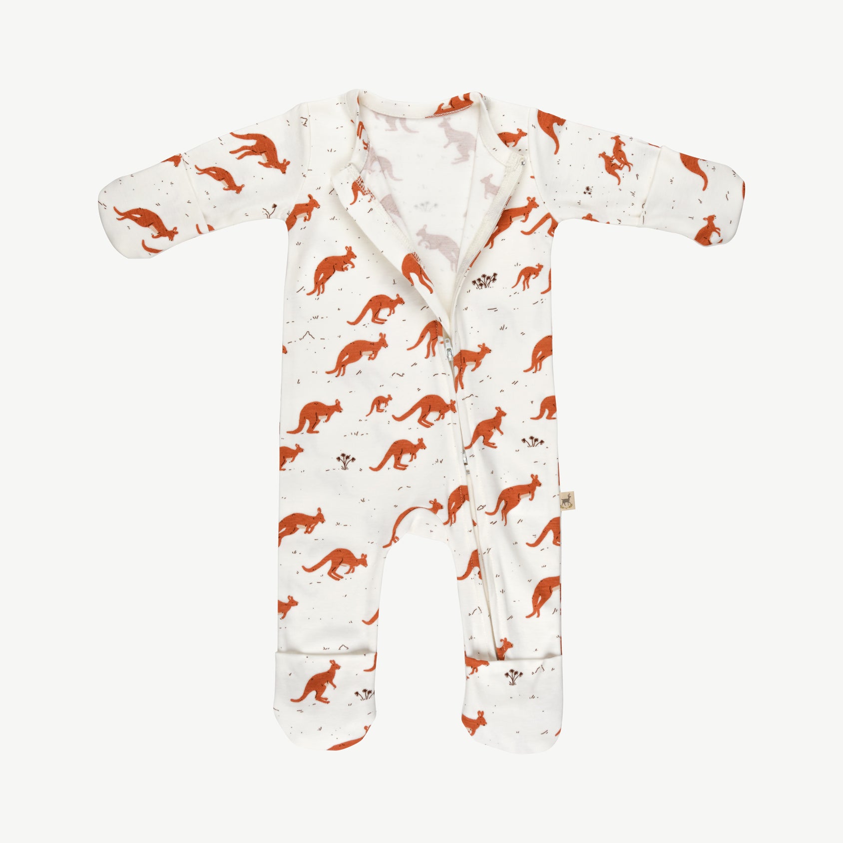 Baby essentials 3, 'kangaroo mob' ivory zippered jumpsuit + beanie