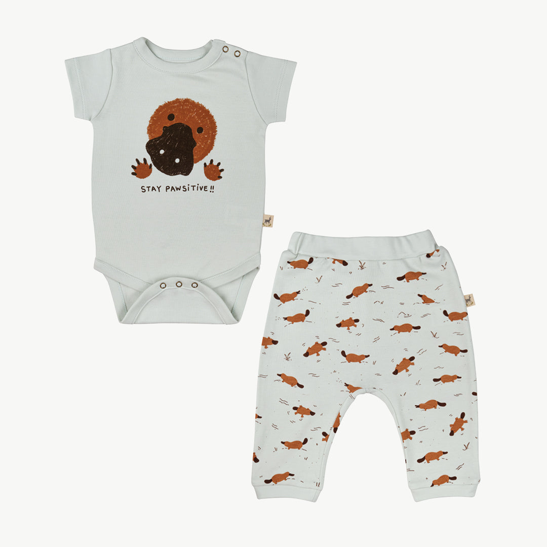 'stay pawsitive!!' ice flow onesie + pants baby outfit