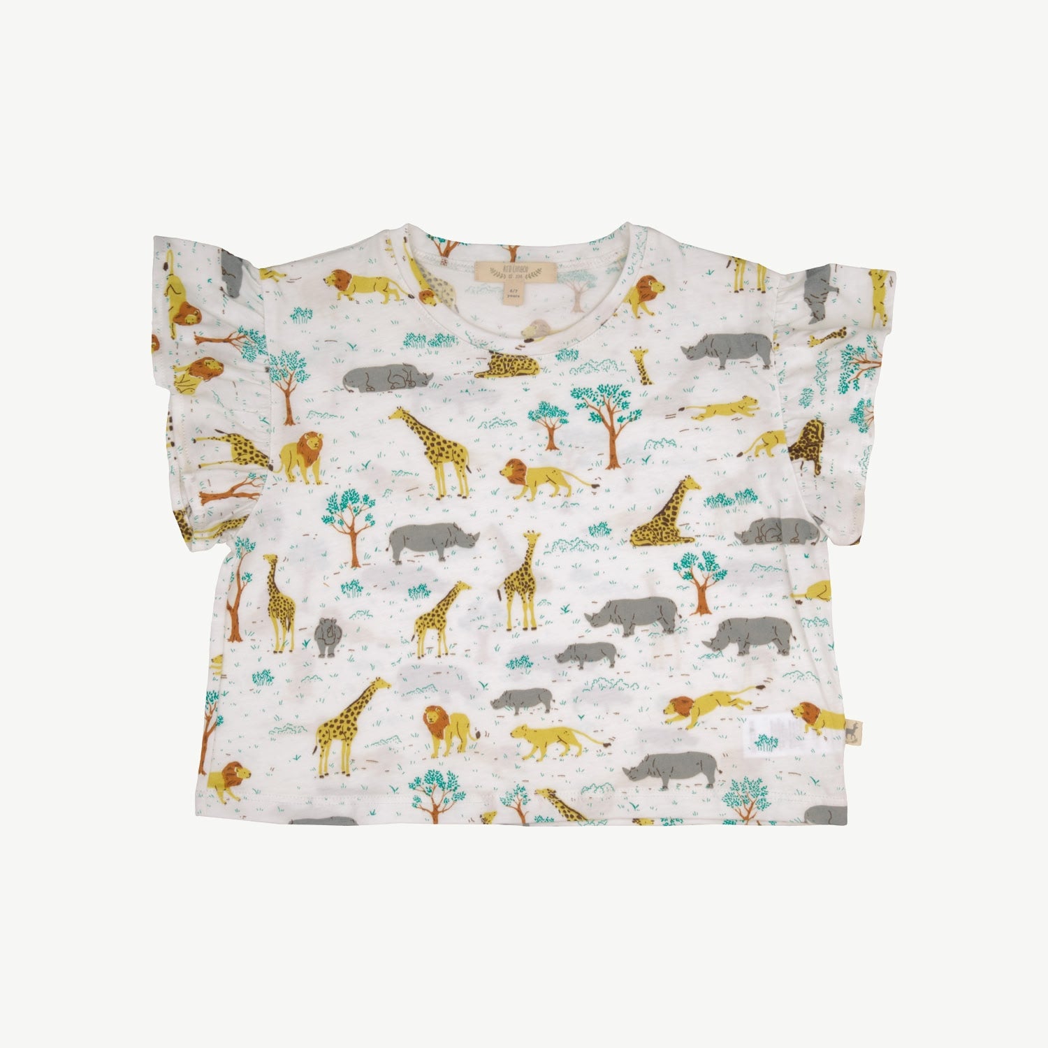 A crop top with frilled sleeves featuring an ivory color with a pattern of animals and trees.
