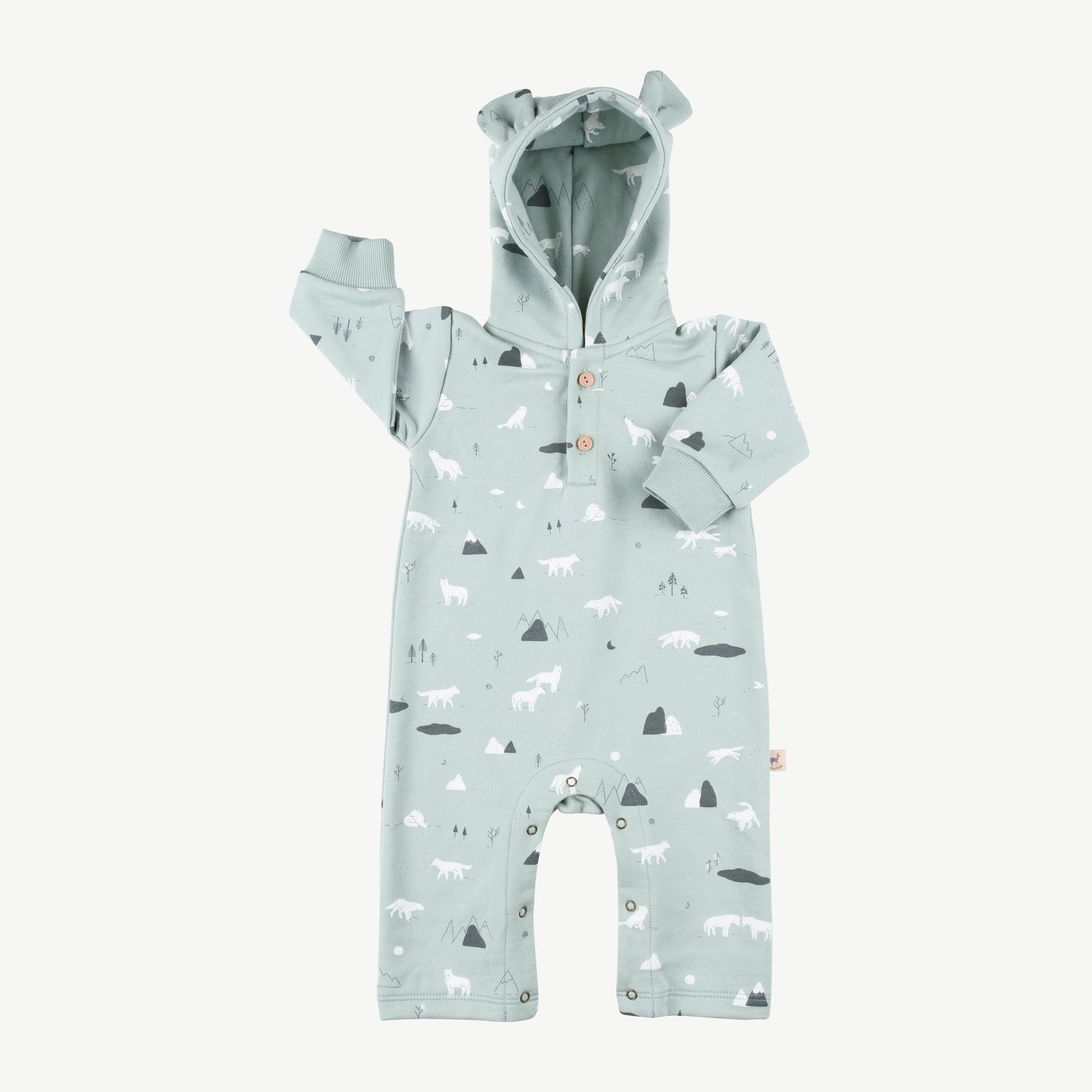 'guardian wolves' gray mist bear french terry jumpsuit