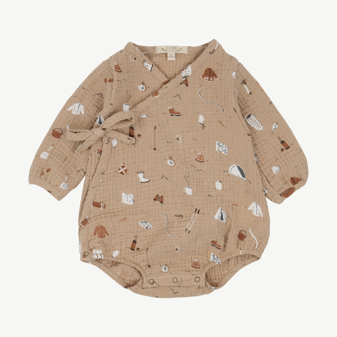 'camping gear' café cream muslin onesie