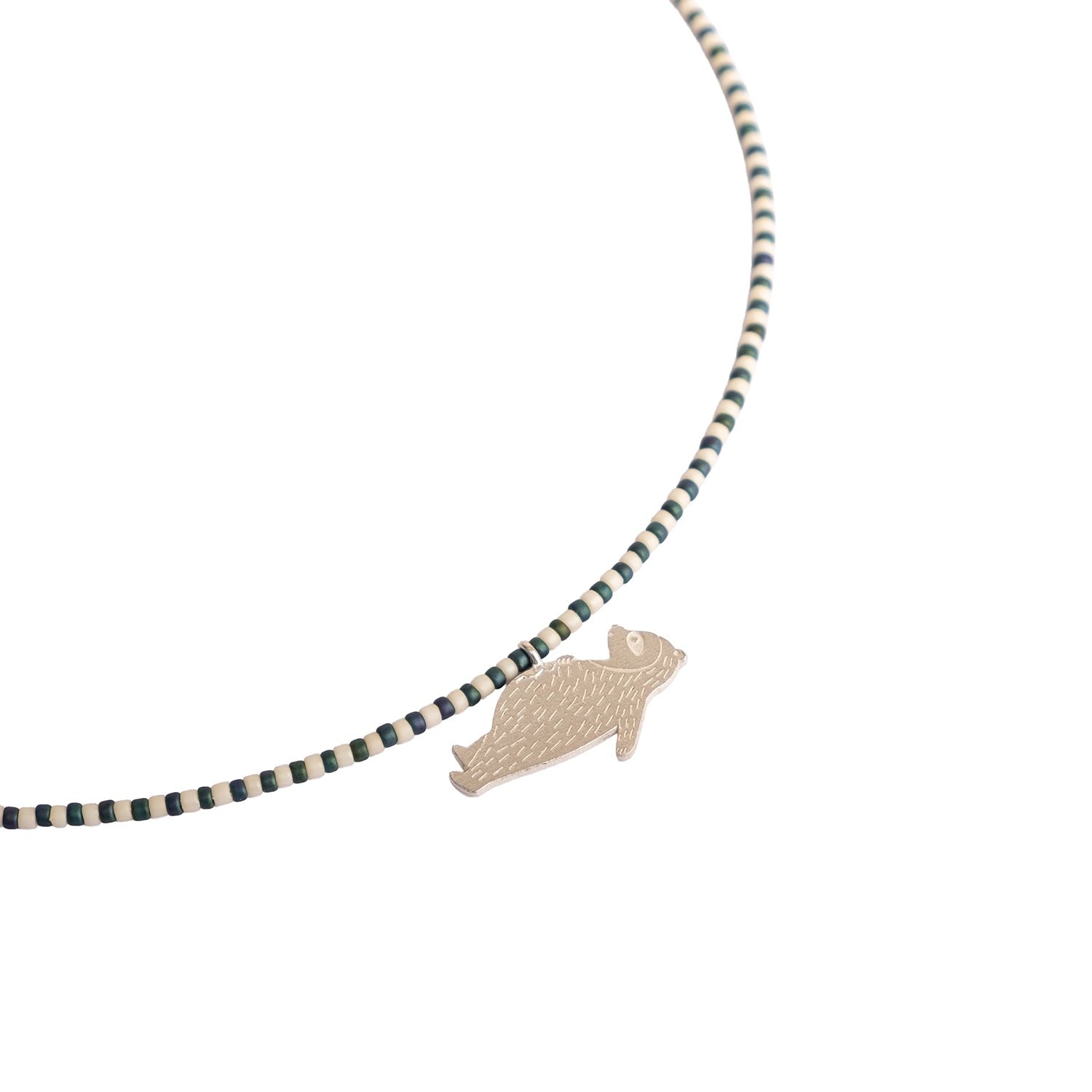 Choker - Sleeping Bear Charm and Beads - Sterling Silver