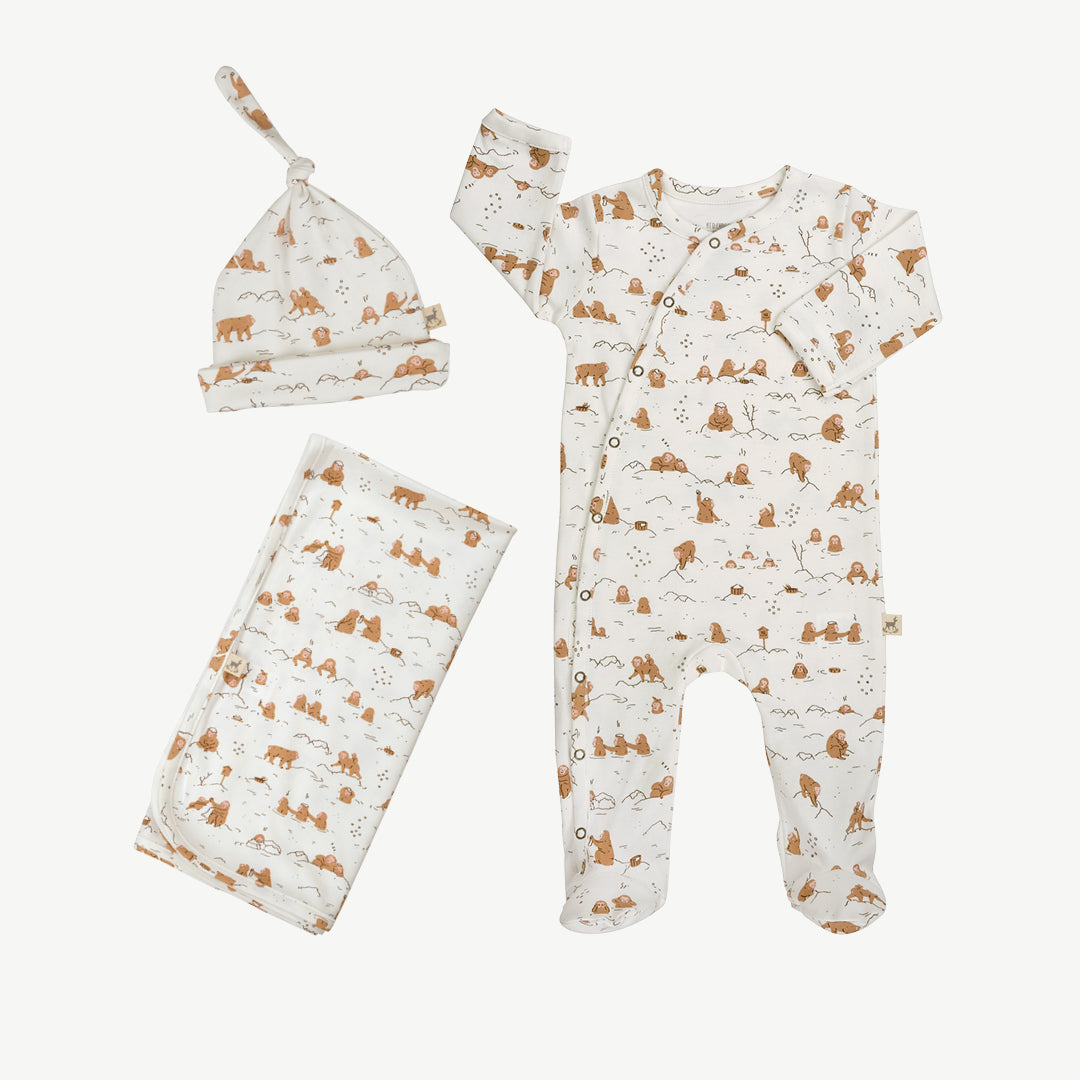 Cuddle Set,  'monkey snow day' ivory footed jumpsuit