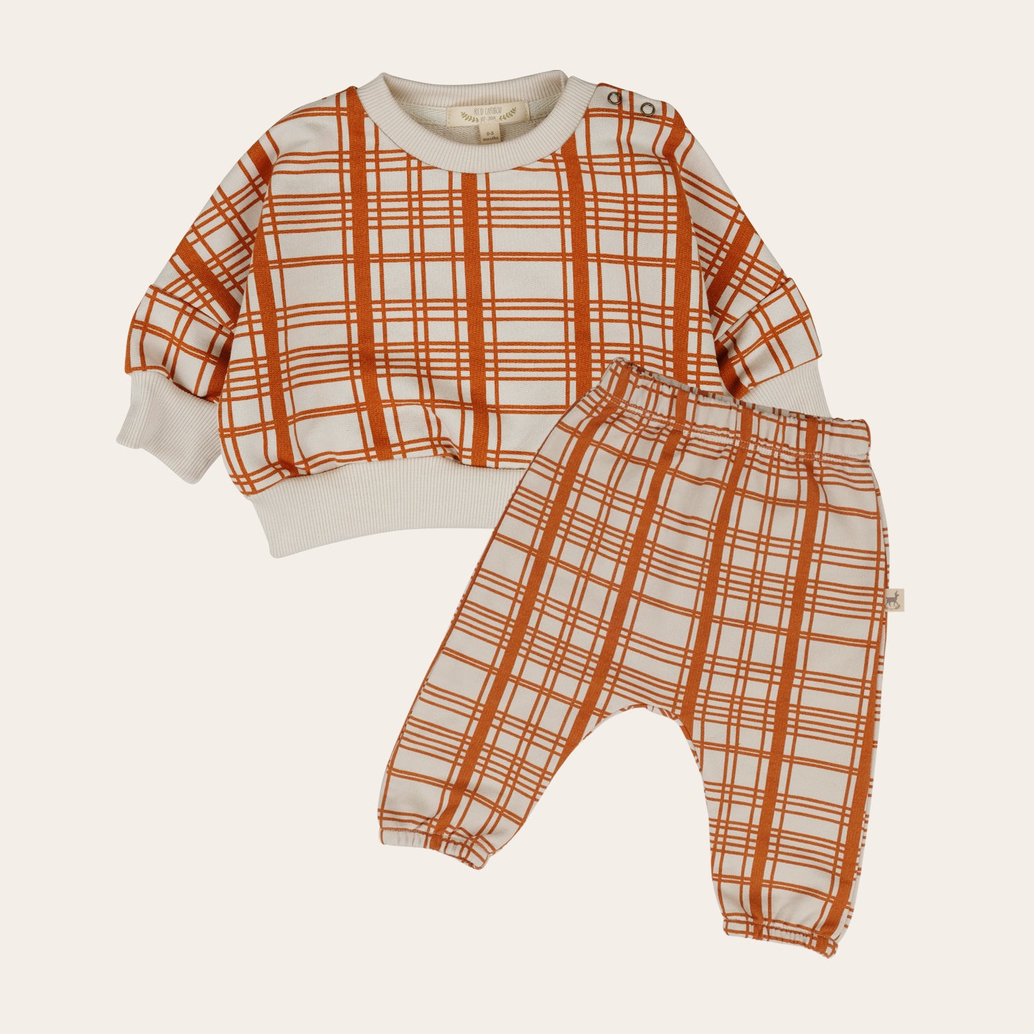 'winter checks orange' white sand sweatshirt + jogger baby outfit