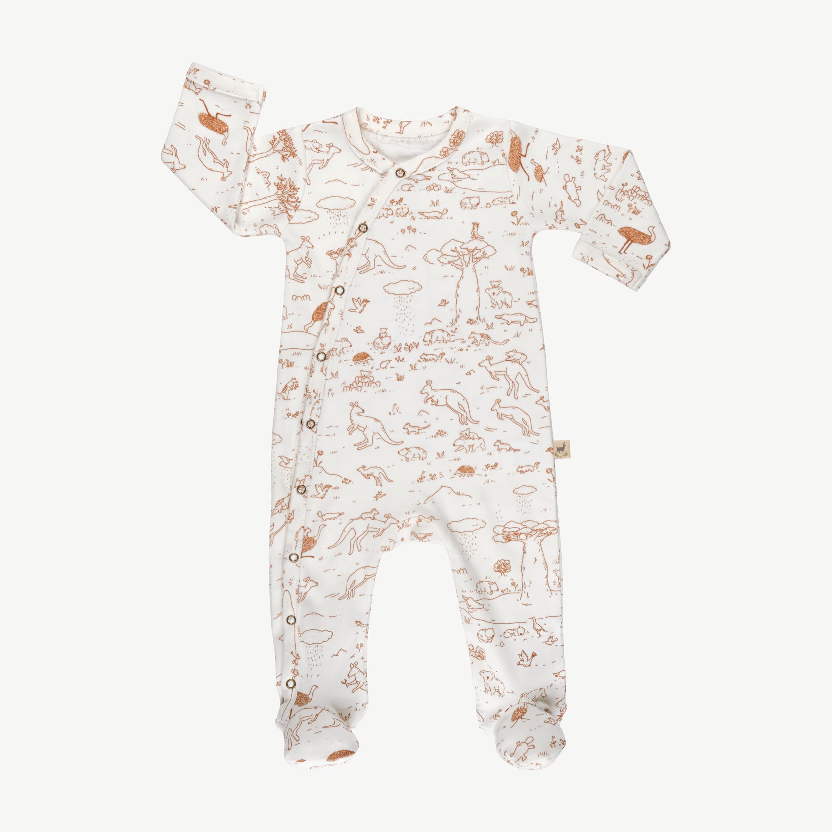 Baby essentials 2, 'footprints in the outback' ivory footed jumpsuit + beanie