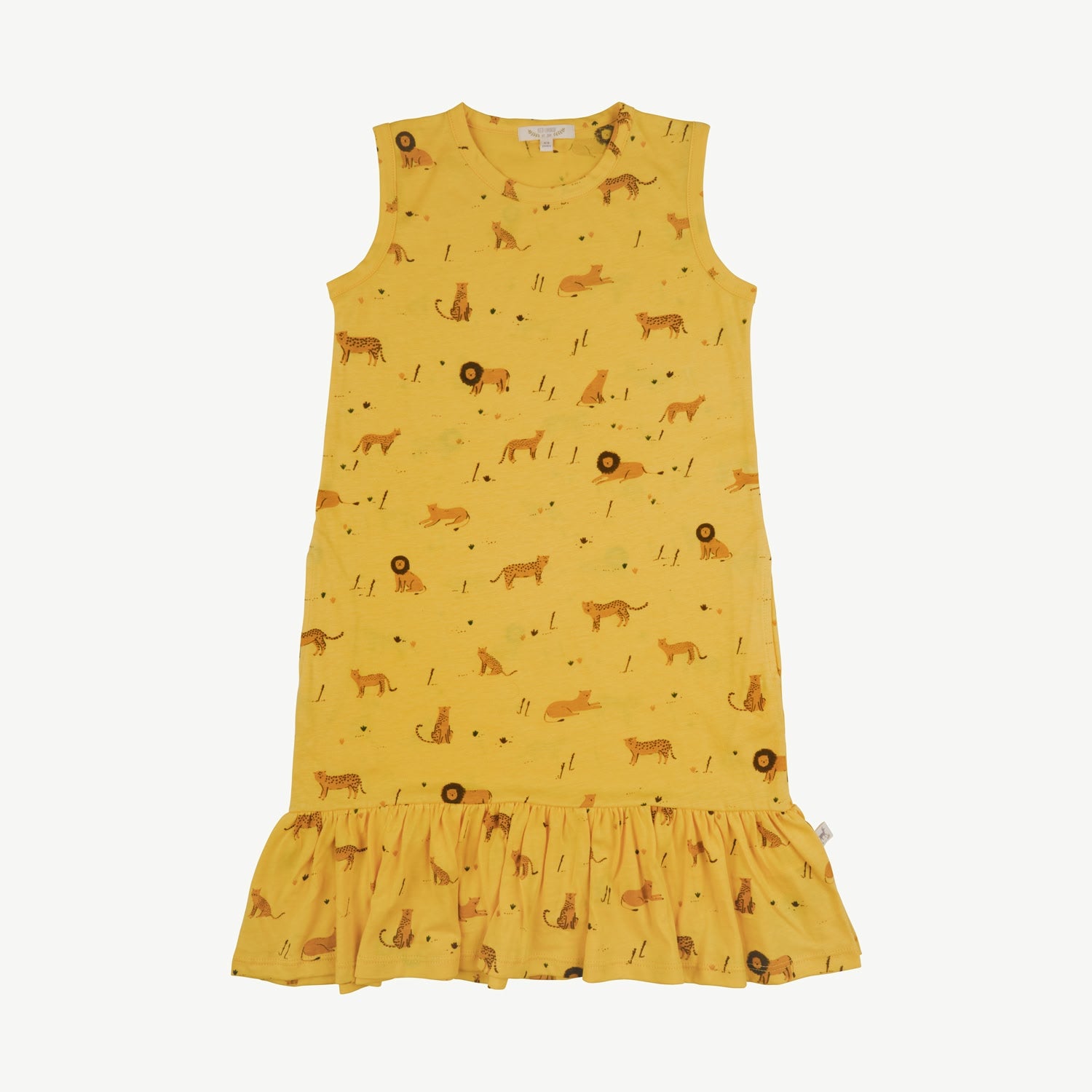 Sleeveless yellow kids’ dress with an all-over print of lions and cheetahs in different poses, made of cotton, featuring a ruffled hem.