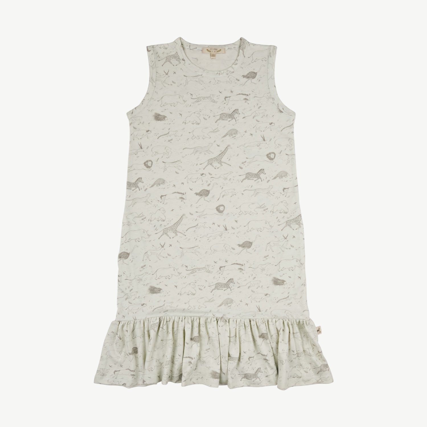 Sleeveless light grey kids’ dress with an all-over animal sketch print in darker tones, made of cotton, finished with a ruffled hem.