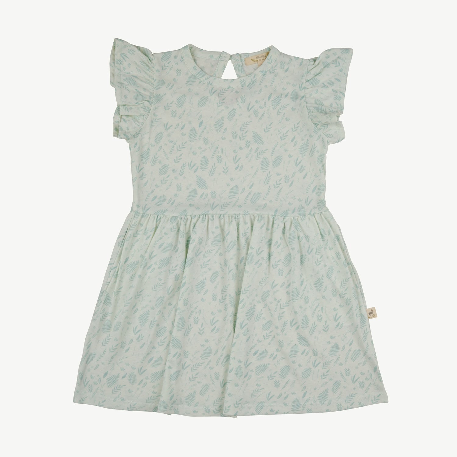 Girl’s dress in organic Pima cotton, light blue color, with ruffled sleeves, back button closure with teardrop detail, and flared skirt. Delicate leaves print in darker blue.