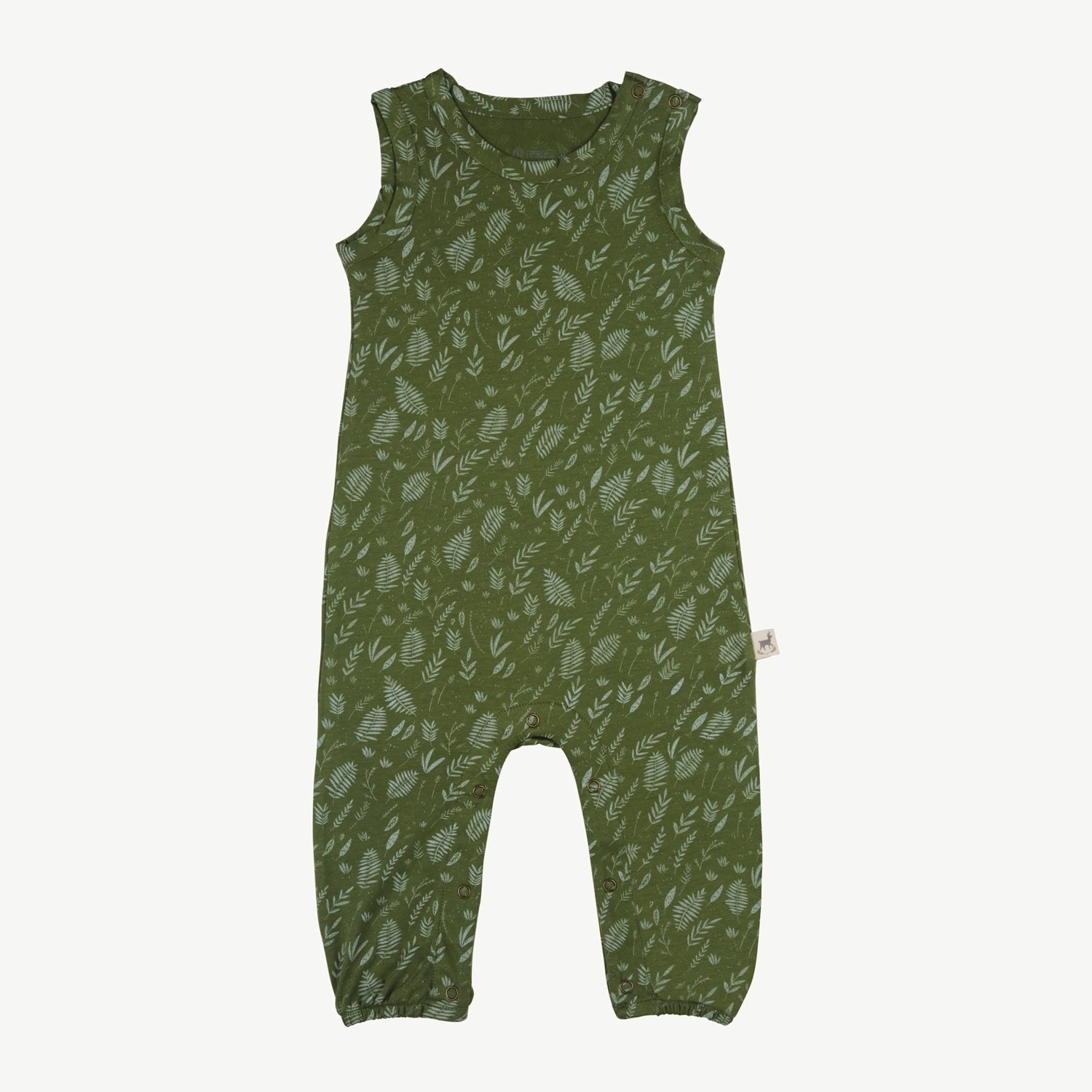 Baby sleeveless jumpsuit in organic Pima cotton, green color, with shoulder buttons and snap buttons at the inseam for easy diaper changes. Contrasting light blue leaves print.
