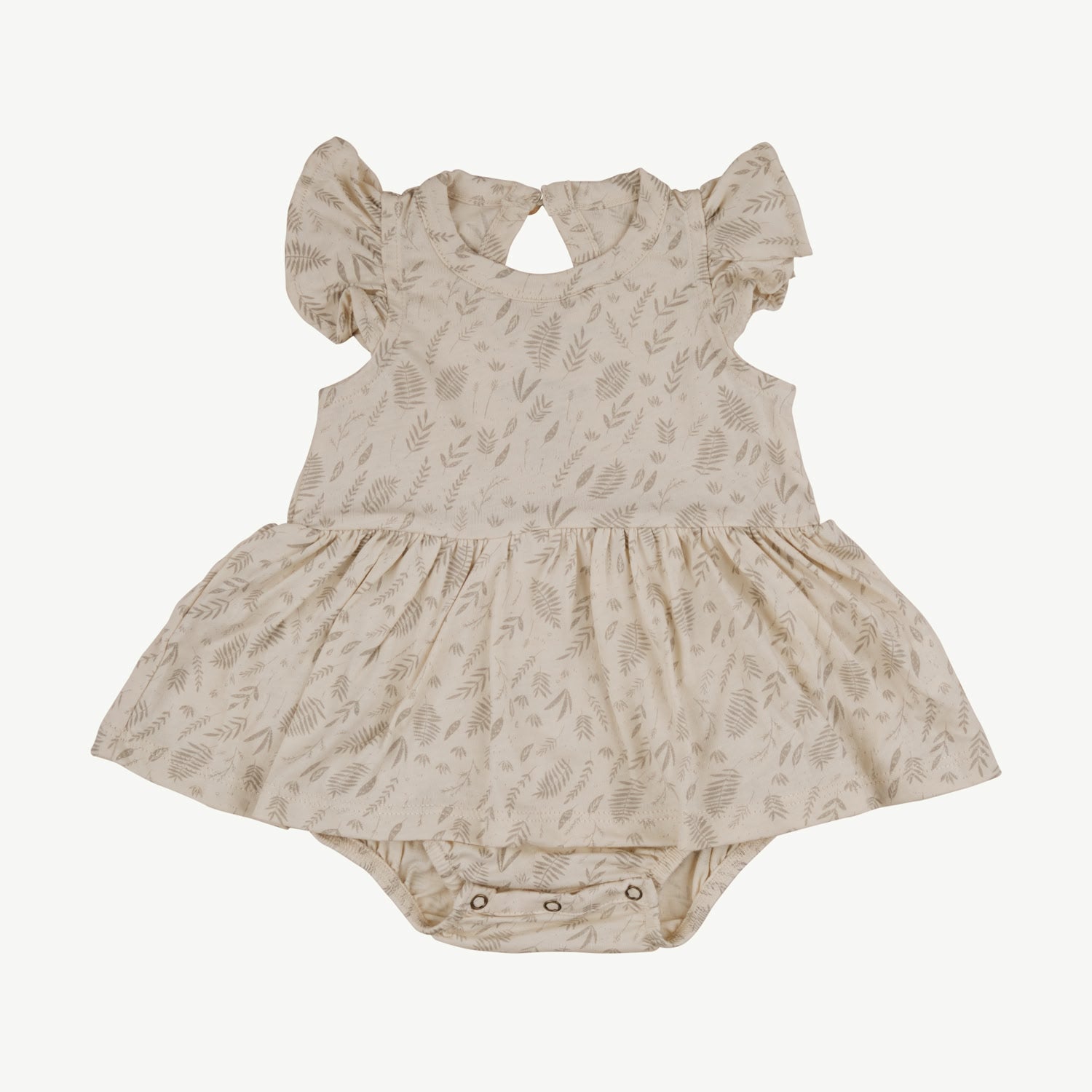 Baby onesie dress with frill sleeves in beige organic cotton, featuring a subtle leaf print, back button closure, and integrated bloomer with snap buttons.