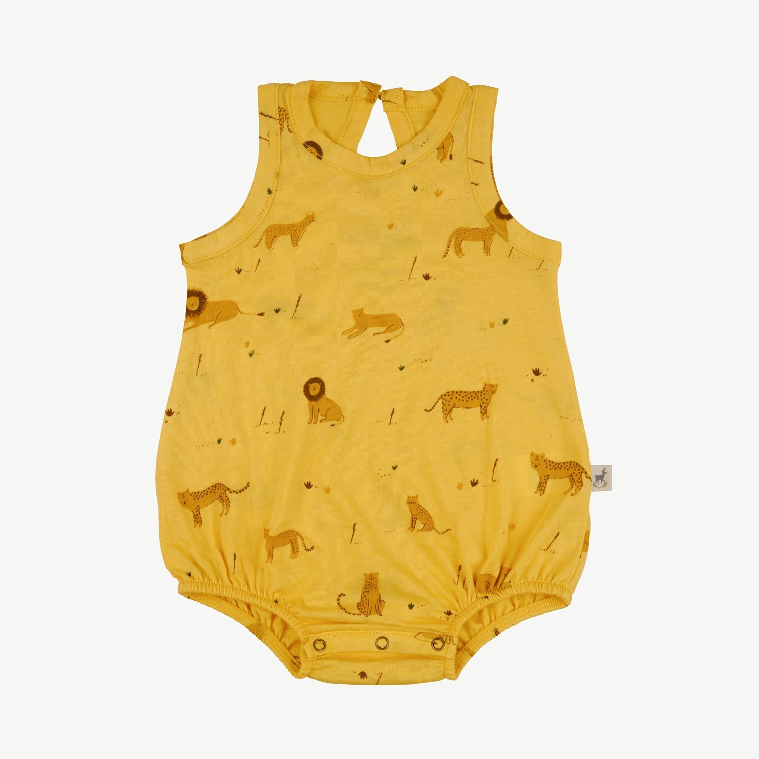 Sleeveless baby romper in yellow with an all-over print of lions and cheetahs, featuring elastic leg openings, snap closures at the bottom, and a back button keyhole detail