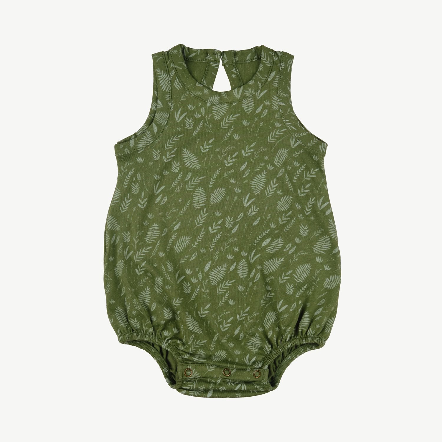 Sleeveless baby romper in forest green with an all-over leaf print in lighter tones, featuring elastic leg openings, snap closures at the bottom, and a back button keyhole detail