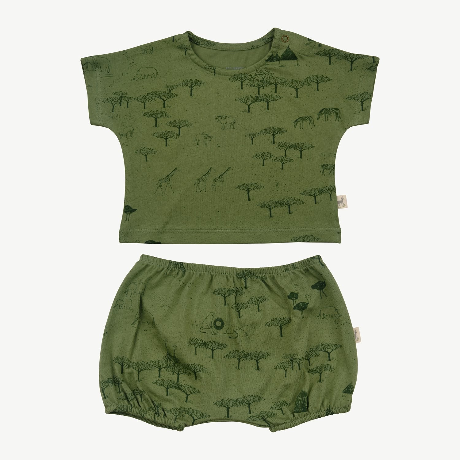 Two-piece baby set in forest green with an all-over safari animal and tree print, including a short-sleeve top with shoulder snaps and matching bloomers with elastic waistband and leg openings