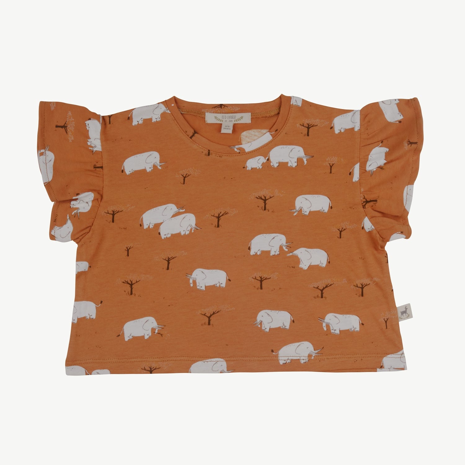 Short-sleeve girls’ top in terracotta orange with ruffle sleeves and an all-over white elephant and tree print
