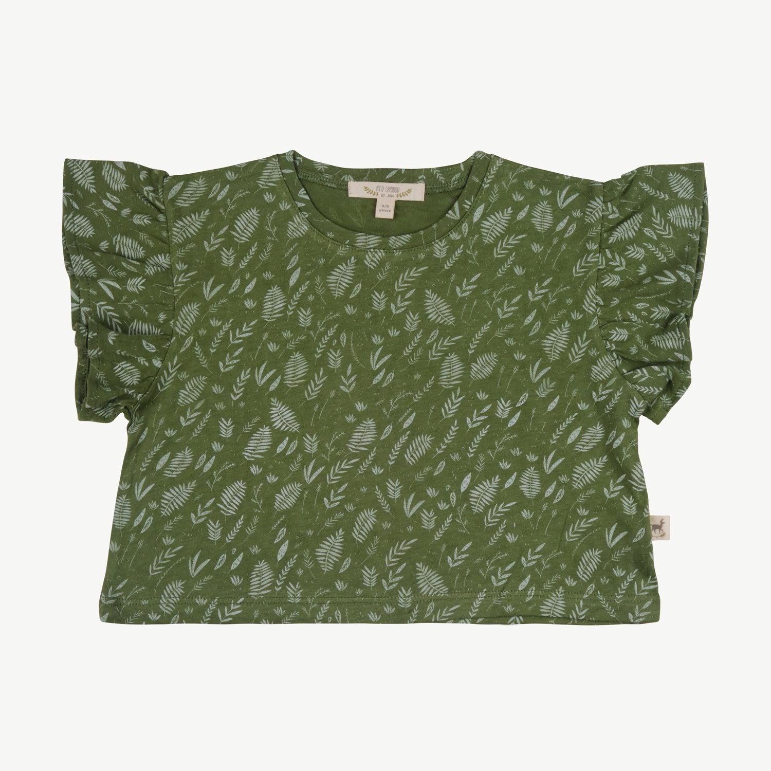 Short-sleeve girls’ top in forest green with ruffle sleeves and an all-over leaf print in lighter tones