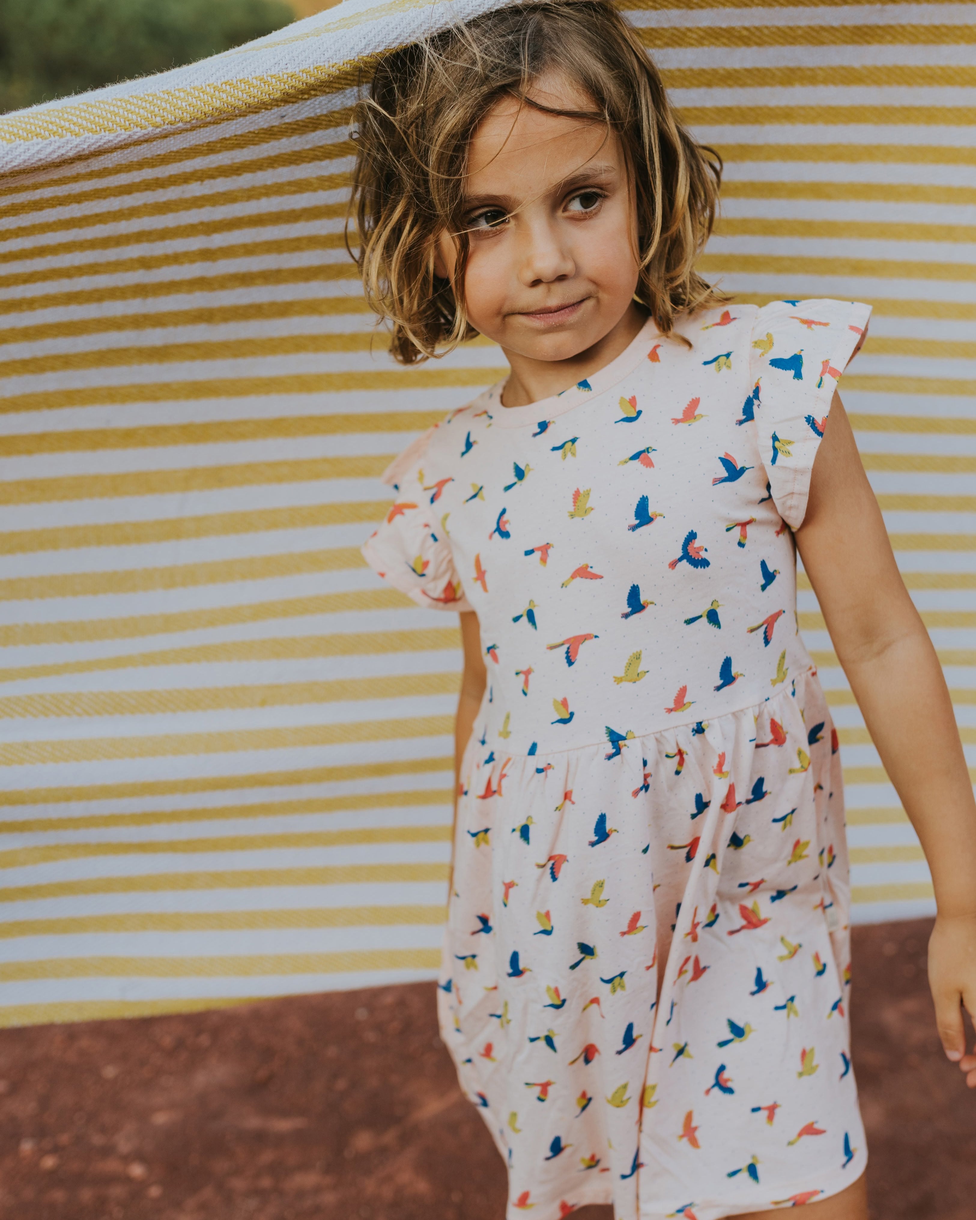 Frill Sleeve Dress - Boundless Birds - Soft Peach