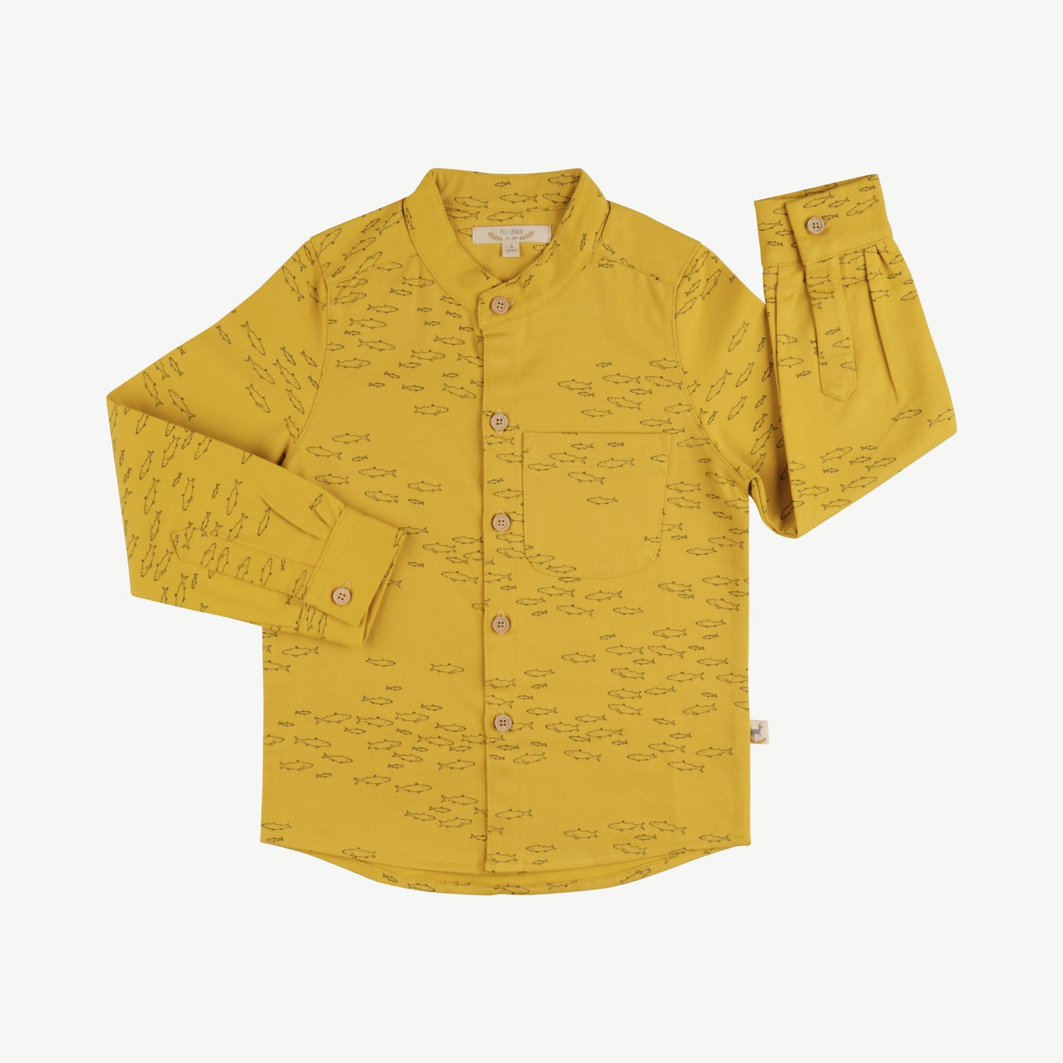 'schooling fish' mustard shirt